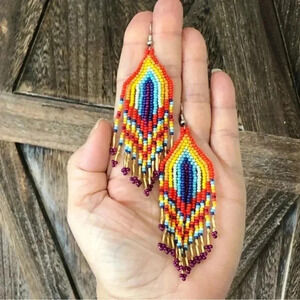 Handmade Gorgeous Rainbow Tasseled Beaded Earrings NWT